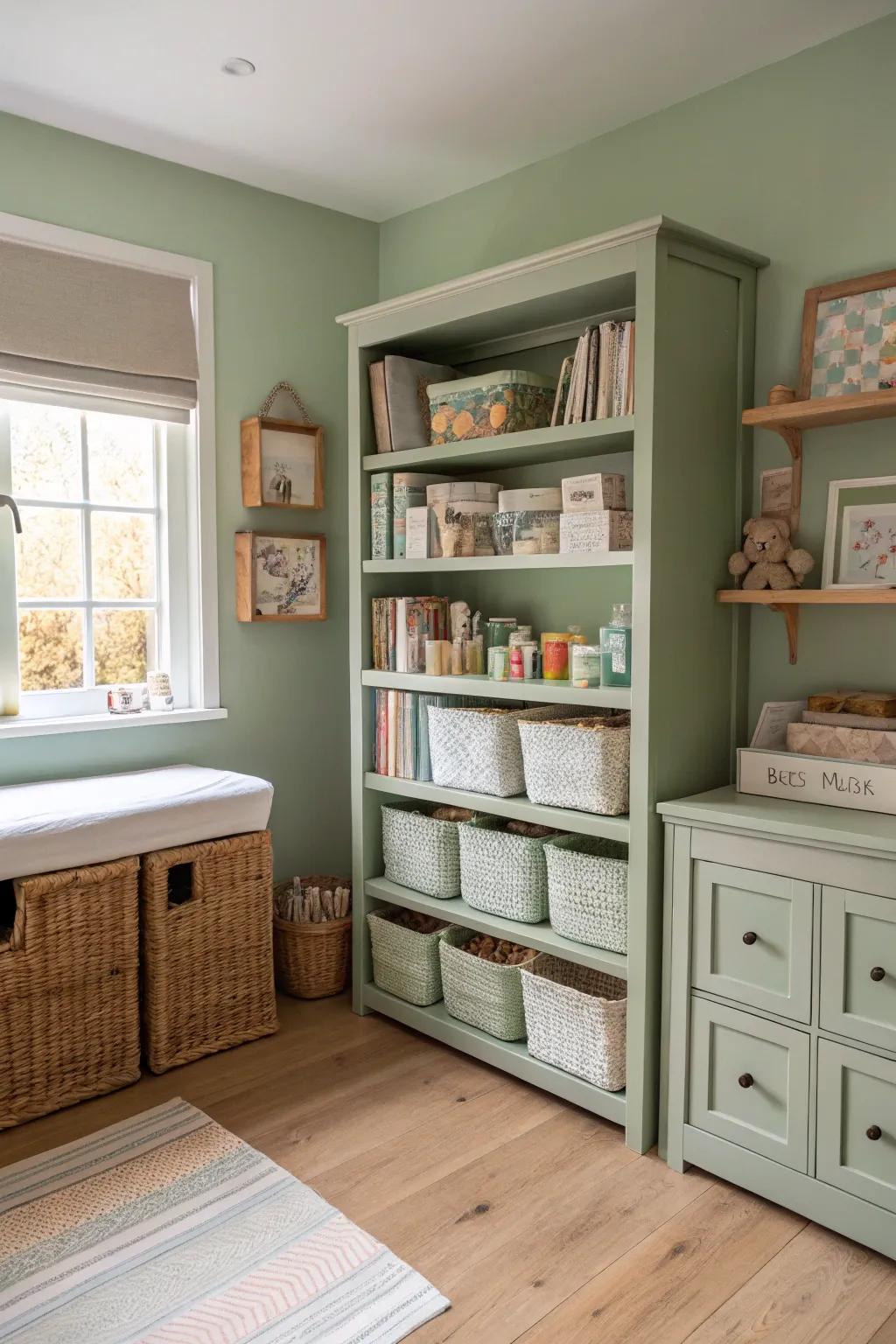 Functional storage solutions maintain tidiness and style in a verdant mist nursery.