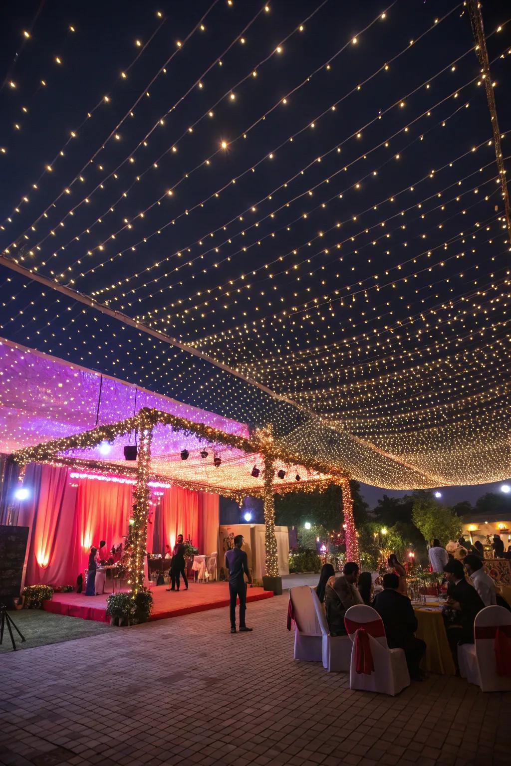 A roof of minuscule lights emulates a starry expanse.