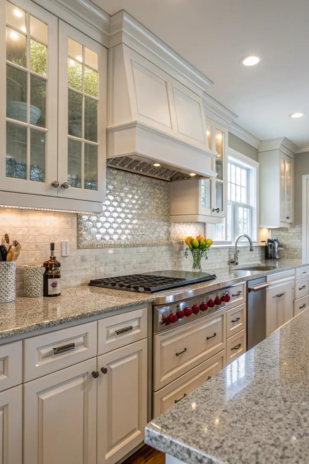 Glass tiles enhance the depth and elegance of Golden Cascade granite.