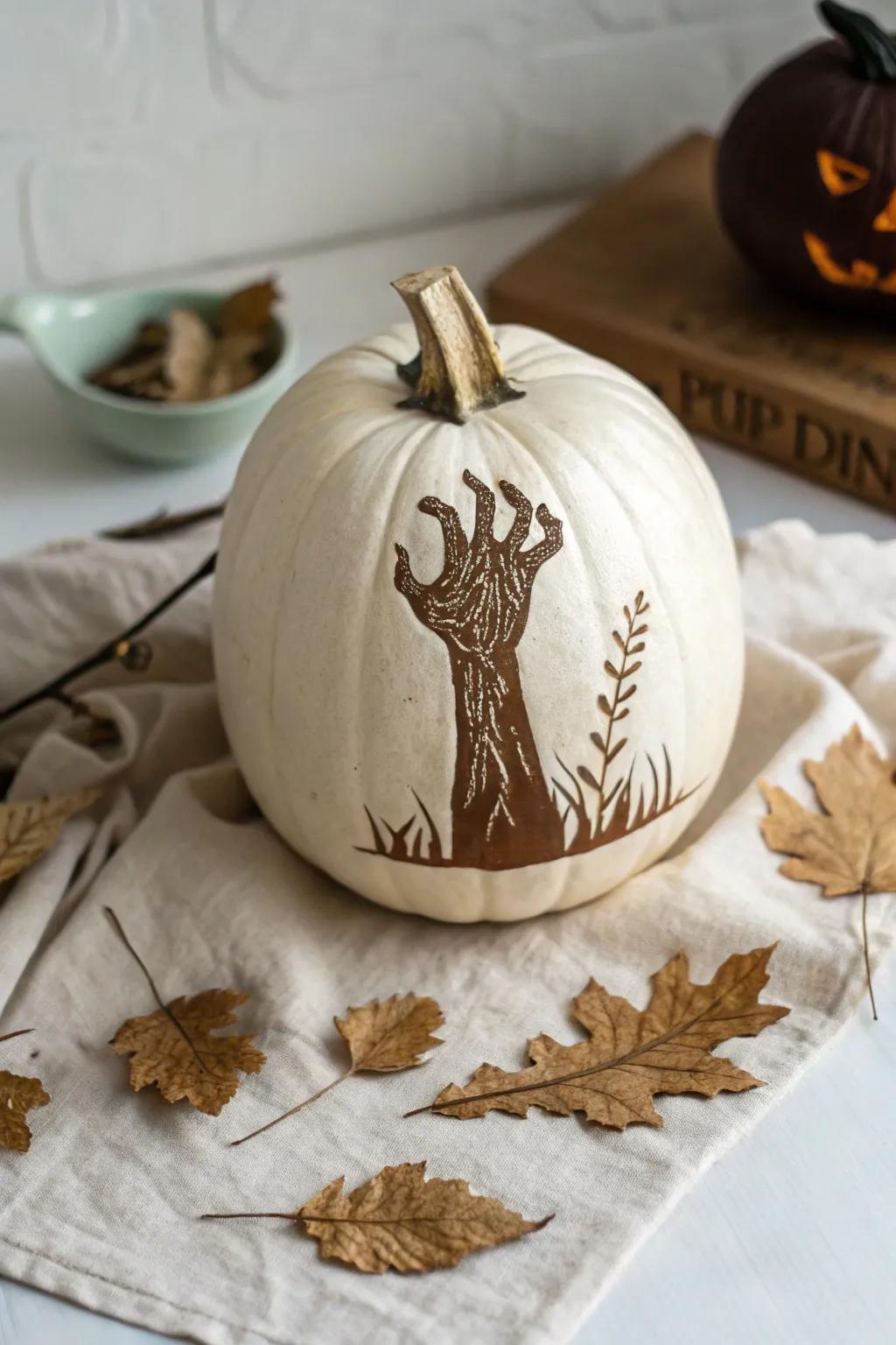 Break free from the mundane with this stunning zombie hand pumpkin carving, blending simplistic style with a trace of spooky beauty.