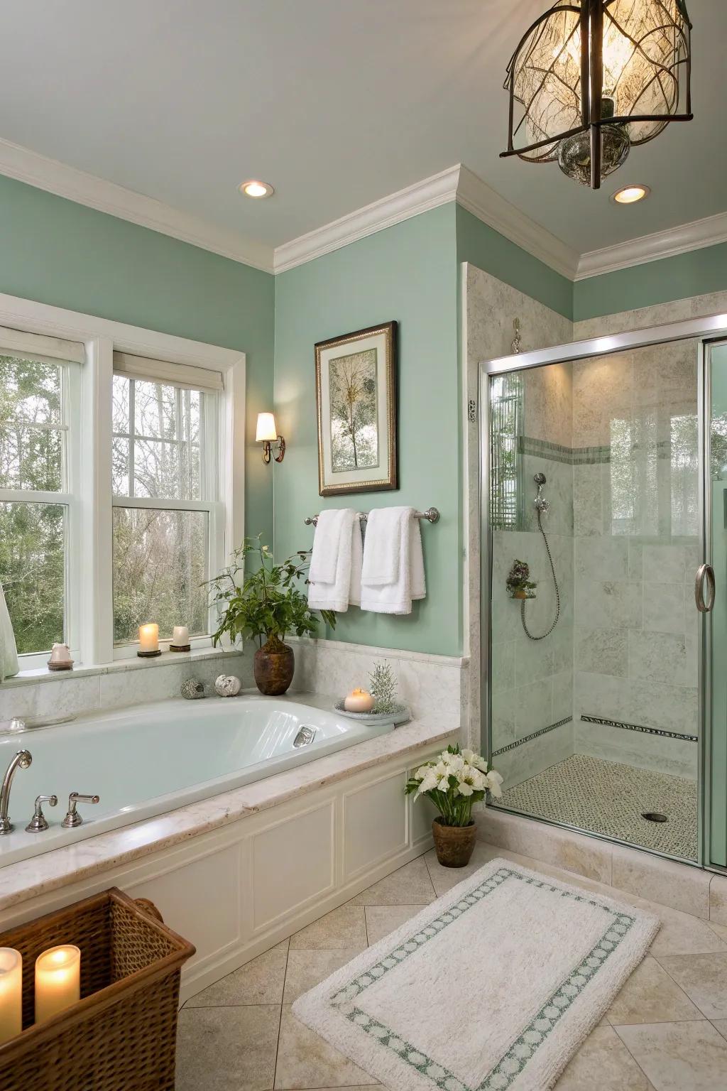 A blissful bathroom retreat adorned with refreshing seafoam green walls.