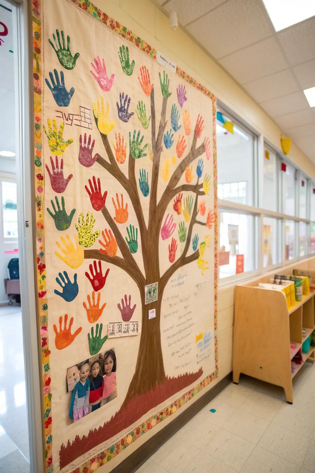 A kindness tree bulletin board crafted from handprints.