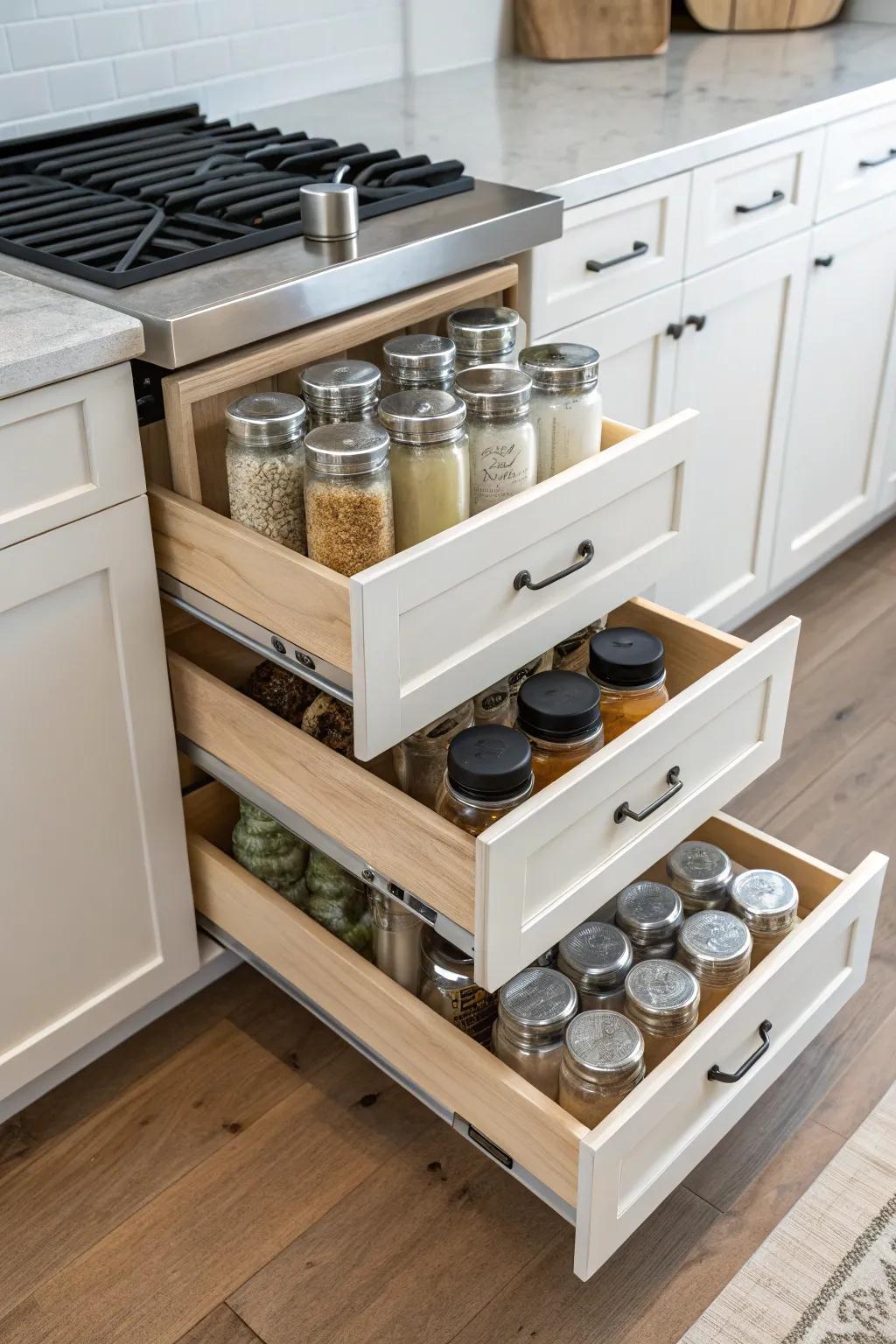 Slide-out drawer inserts make mixing containers easily accessible and organized.