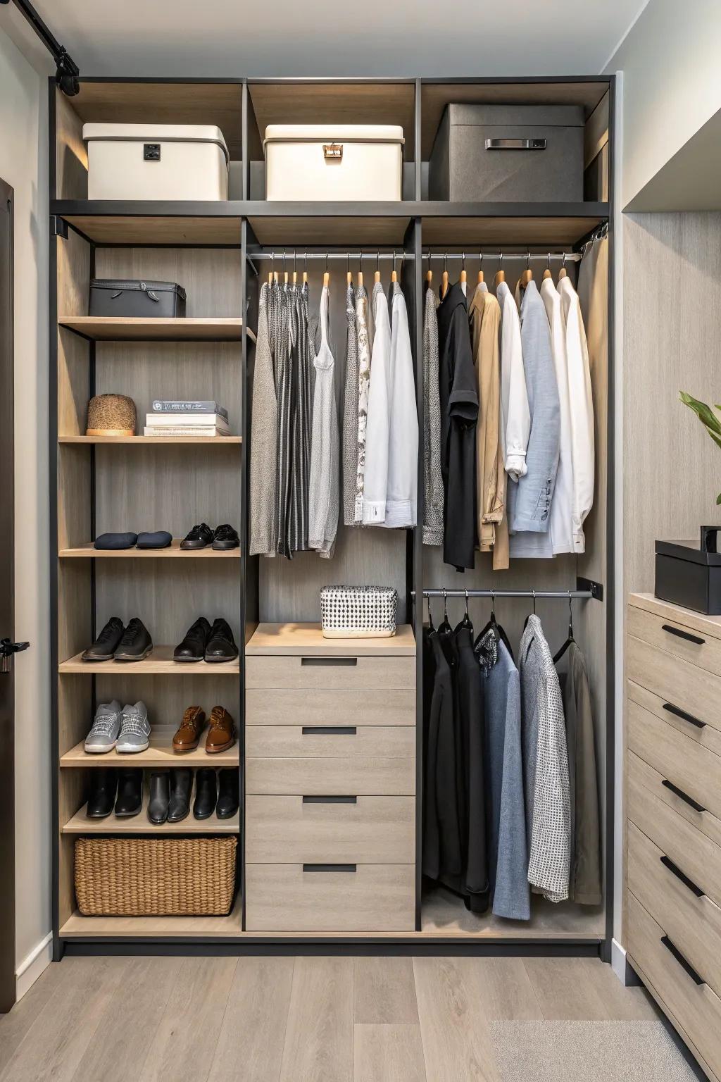 A closet showcasing modular, adaptable components for tailored storage.