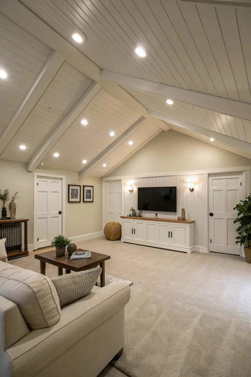 Minimalist elegance achieved through recessed lighting within a shed ceiling.