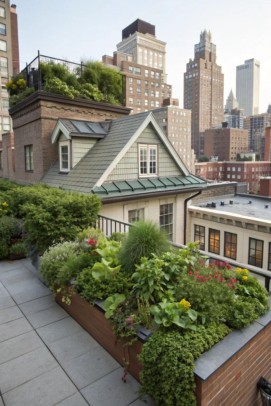 Urban house featuring a rooftop garden on the shed dormer.