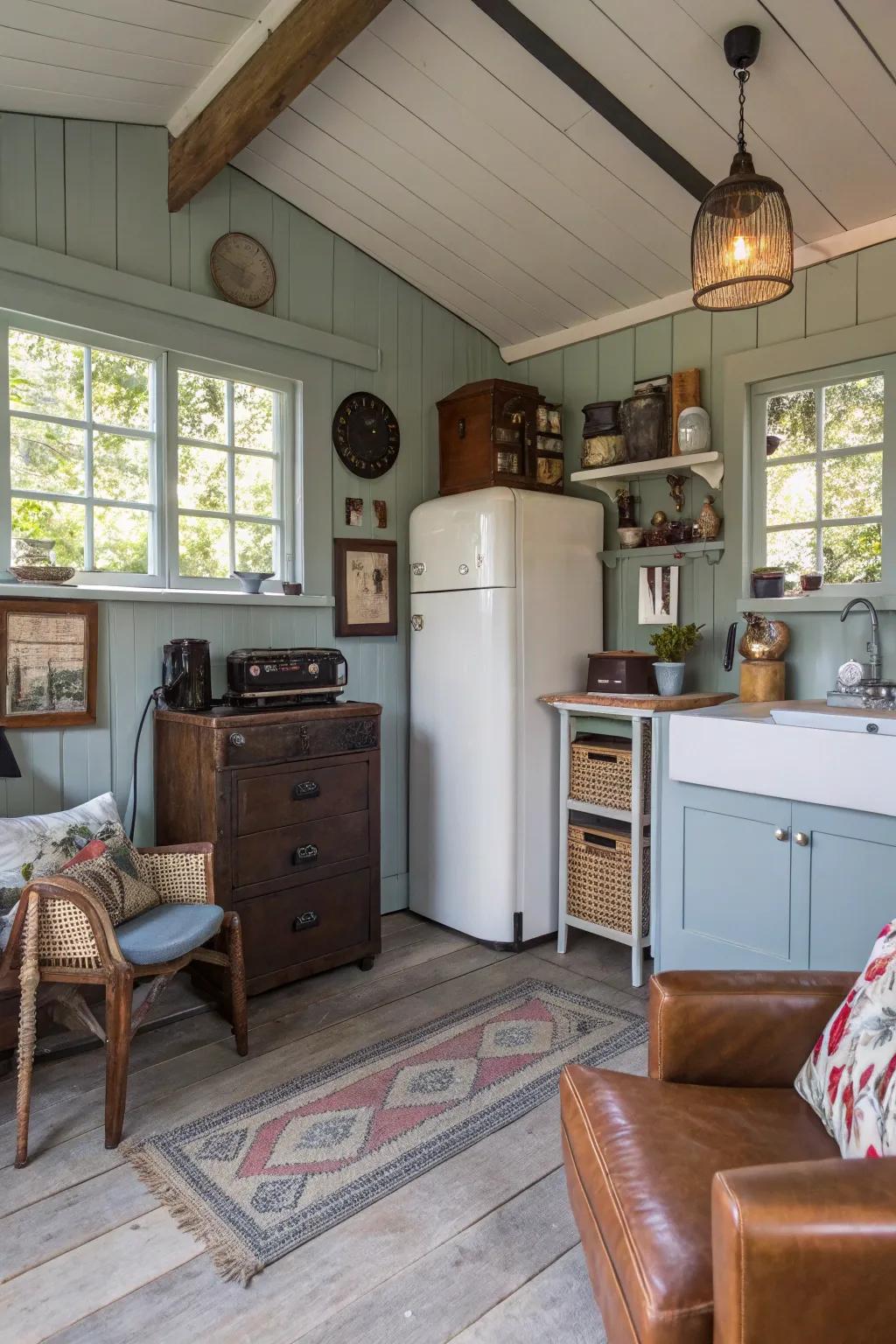 A garden shed home interior blending contemporary and classic decor styles.