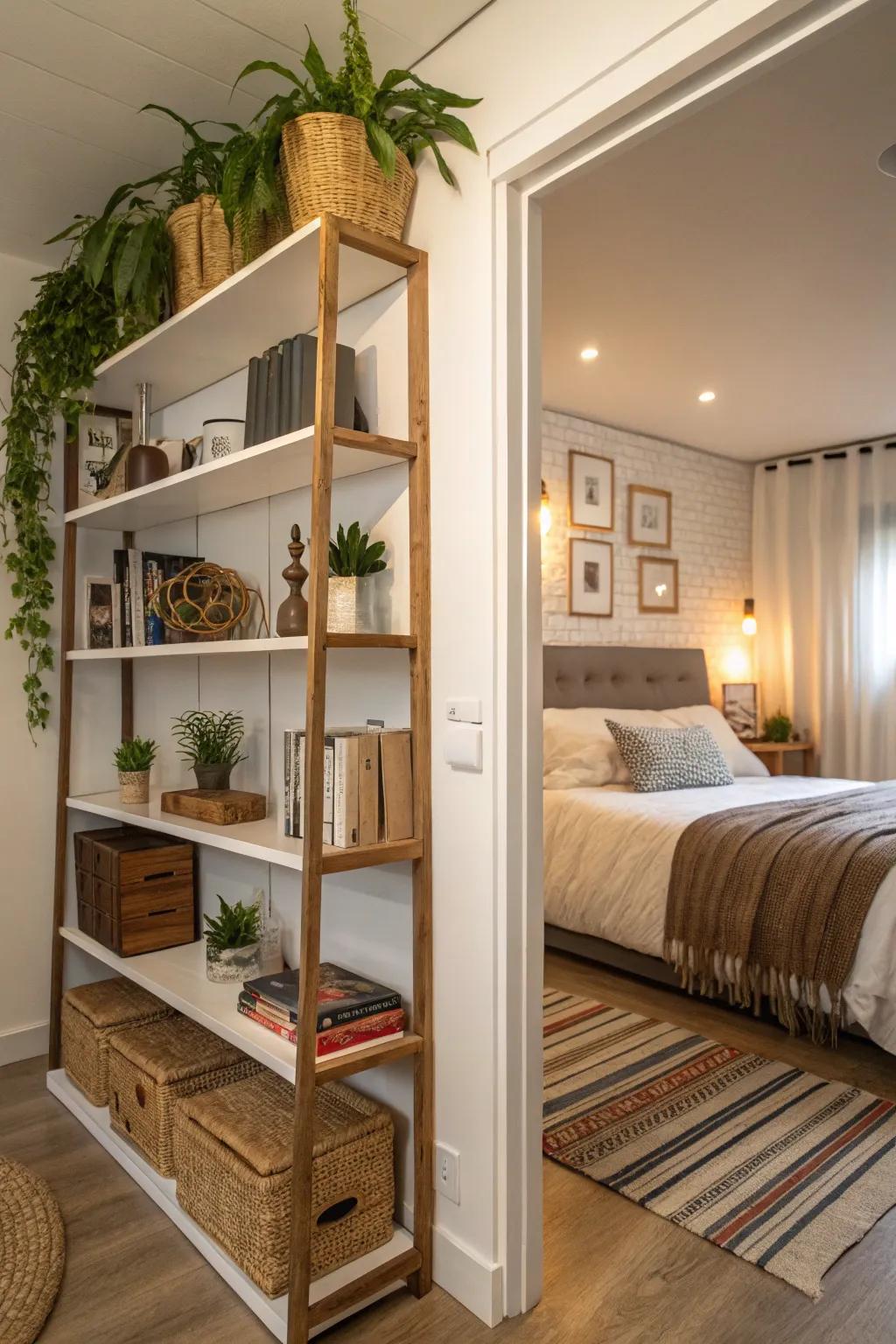 Shelving used as dividers creates distinct zones.
