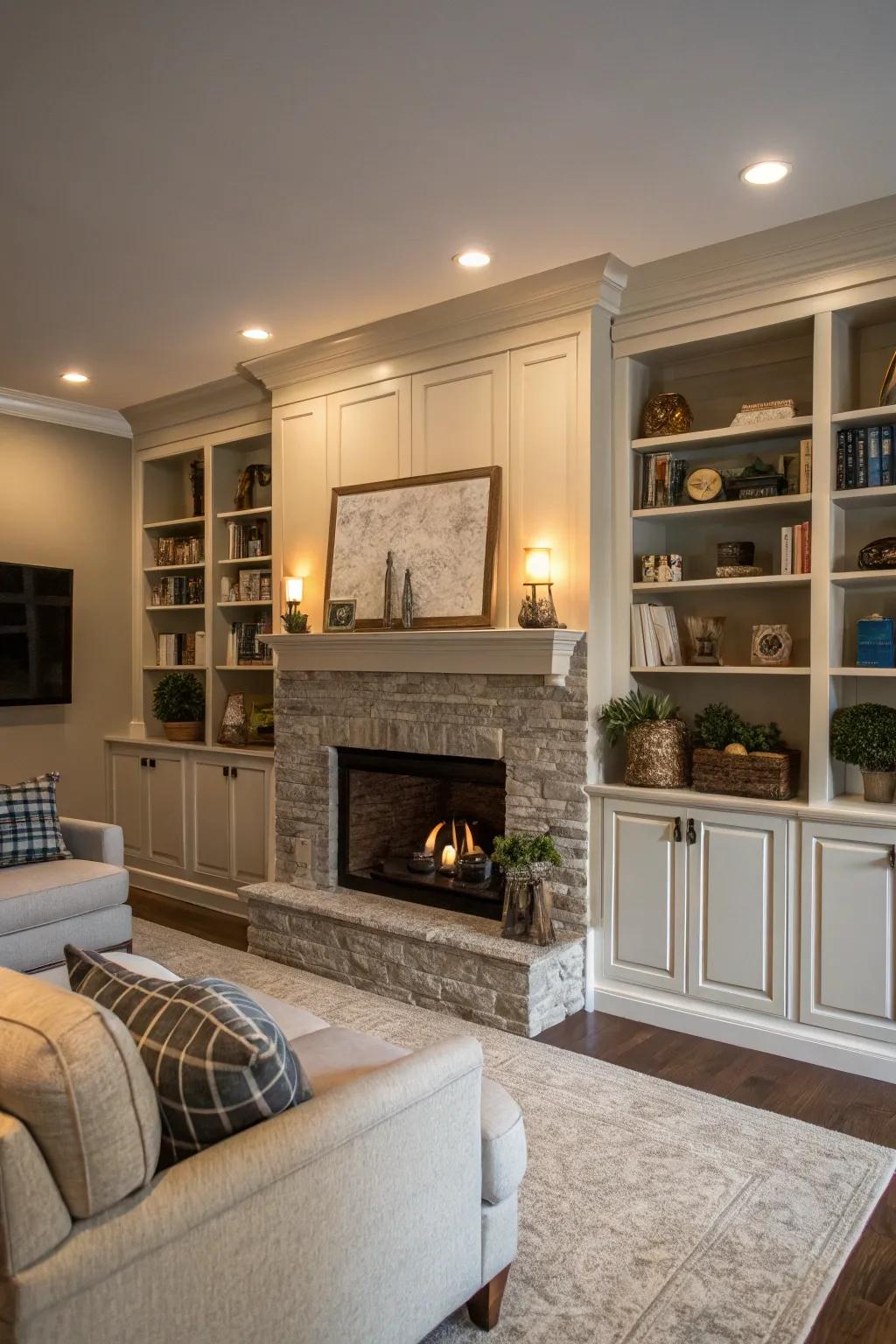 Closed cabinets provide concealed storage in the shelving unit.