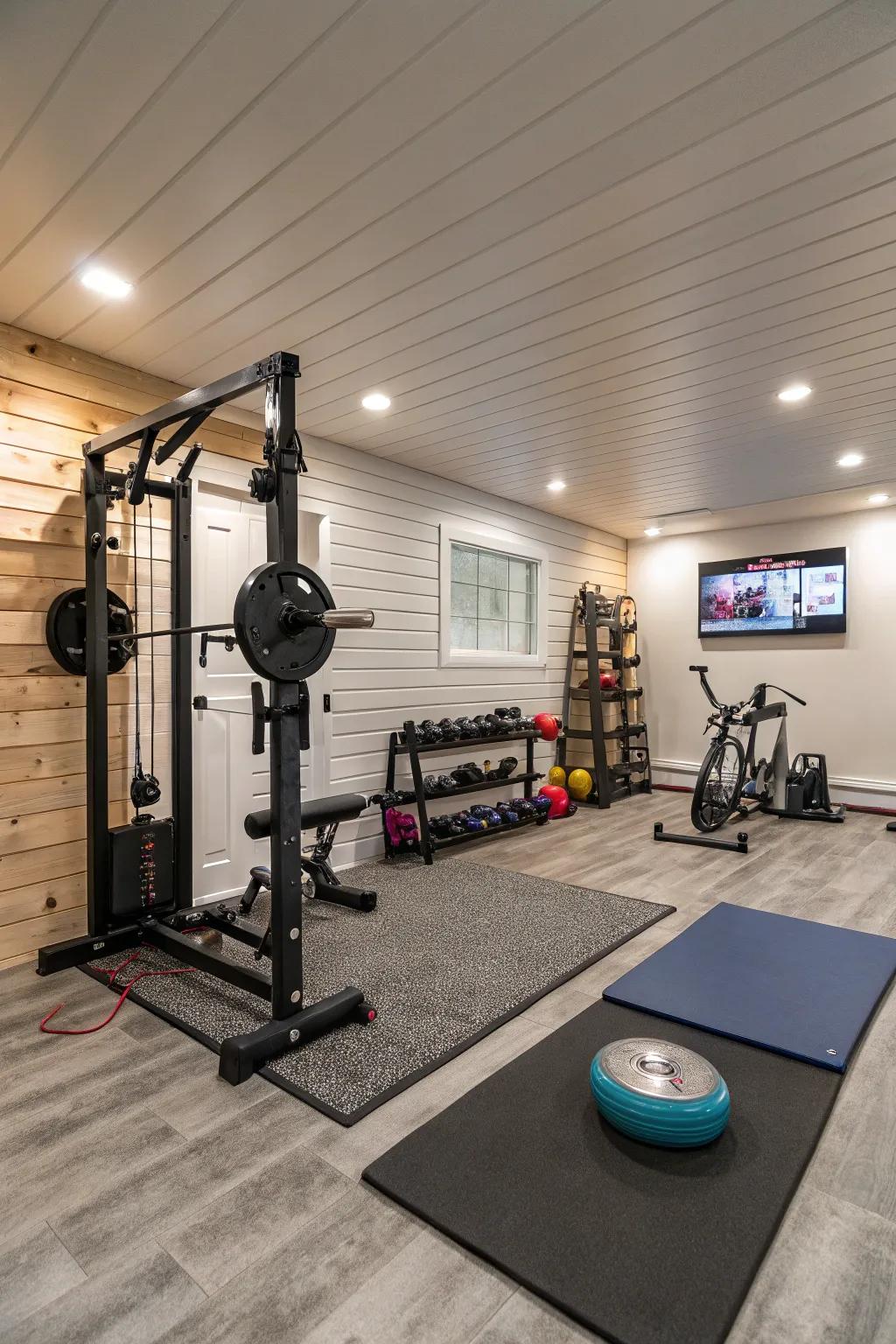 A fashionable home fitness area in the basement showcasing grooveboard walls.