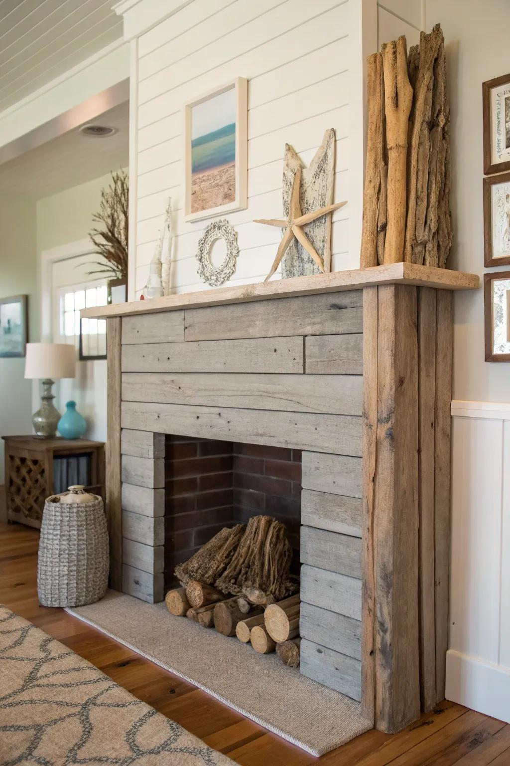 Coastal-themed shiplap fireplace providing a serene beach-inspired getaway.