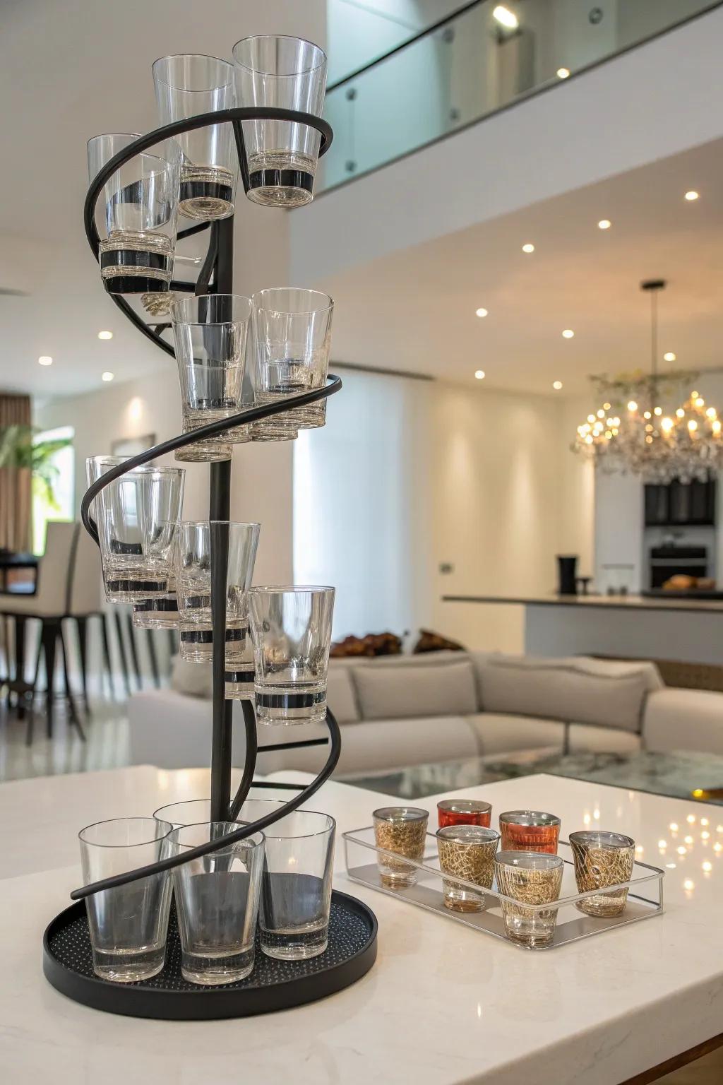 A modern home showcasing a coiled shot glass display presenting views from multiple angles.