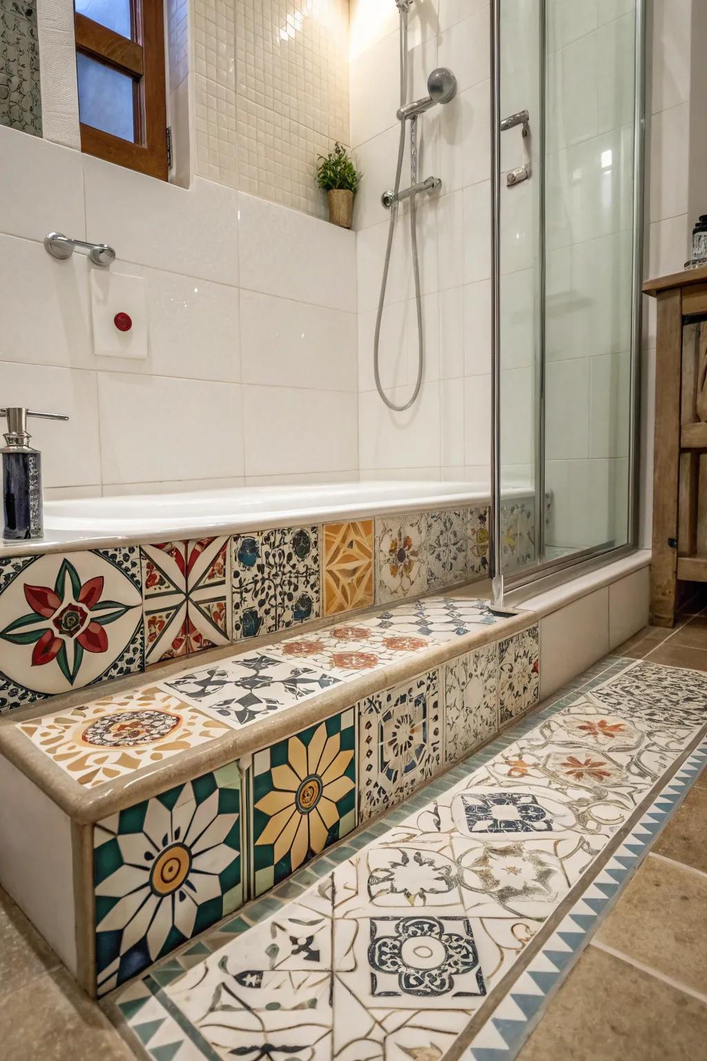 Compositions in curb slabs append visual intrigue to the bathroom design.