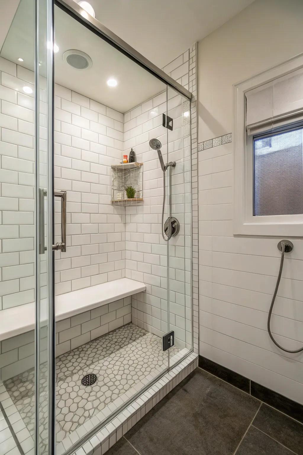 A shower fitted with an overhead sprinkler and a built-in bench.