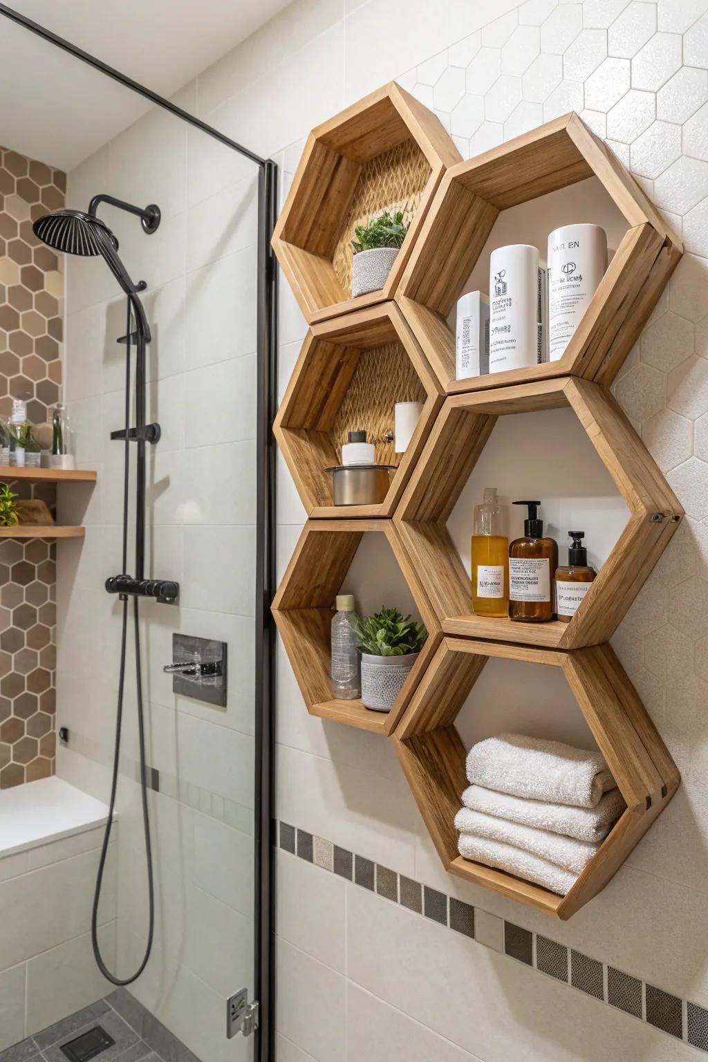 Hexagonal shelves introduce a modern geometric design.