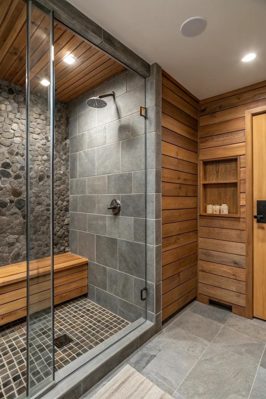 Earth-inspired pieces complement grey tiles beautifully.