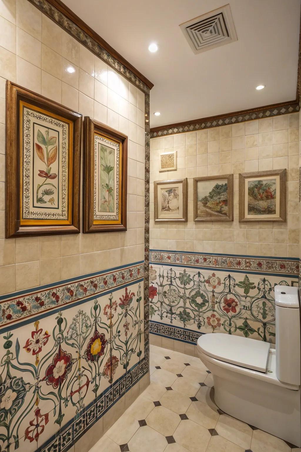 Artistic details transform this restroom into a visual delight.