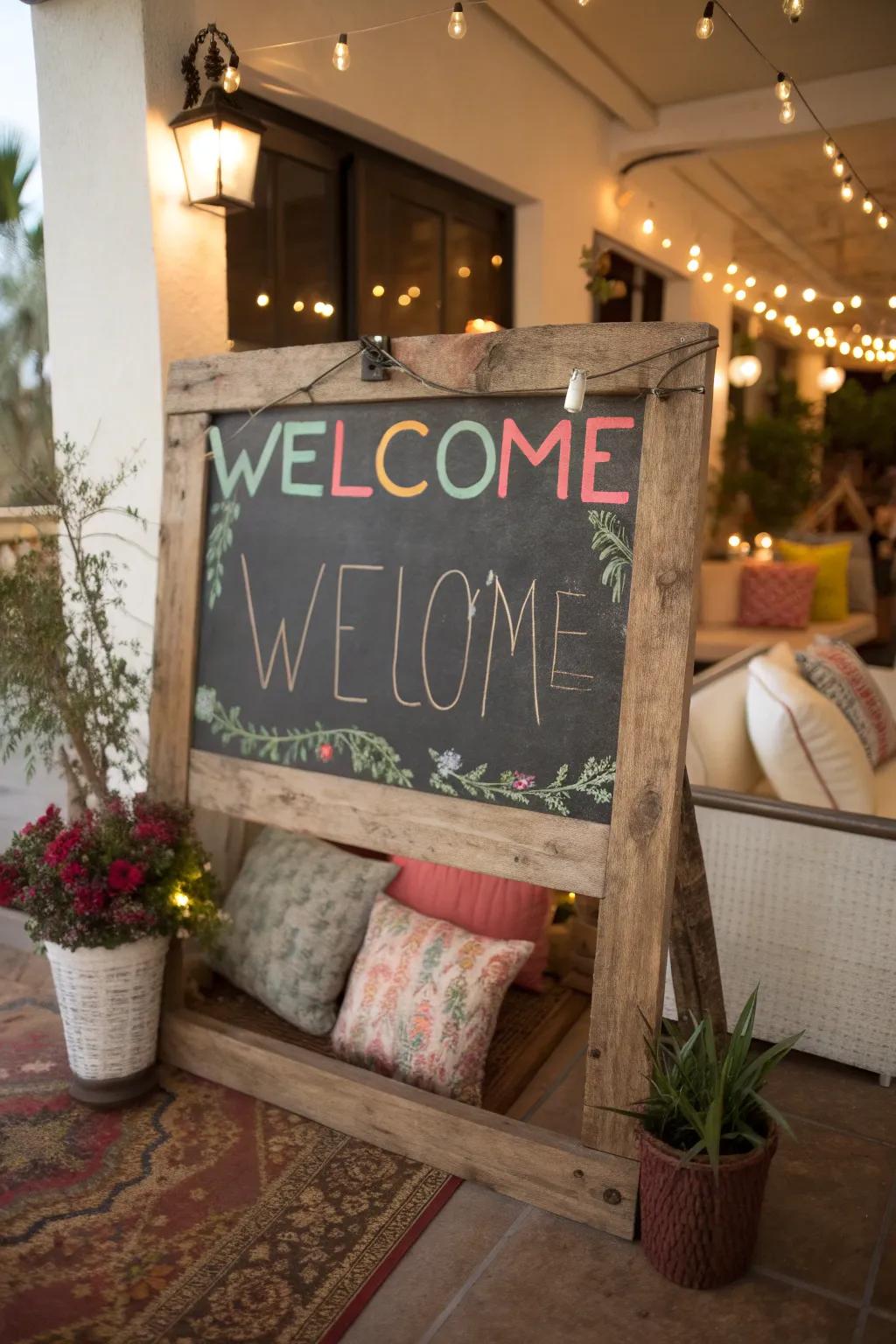 A chalkboard sign featuring a customized message for a warm welcome.