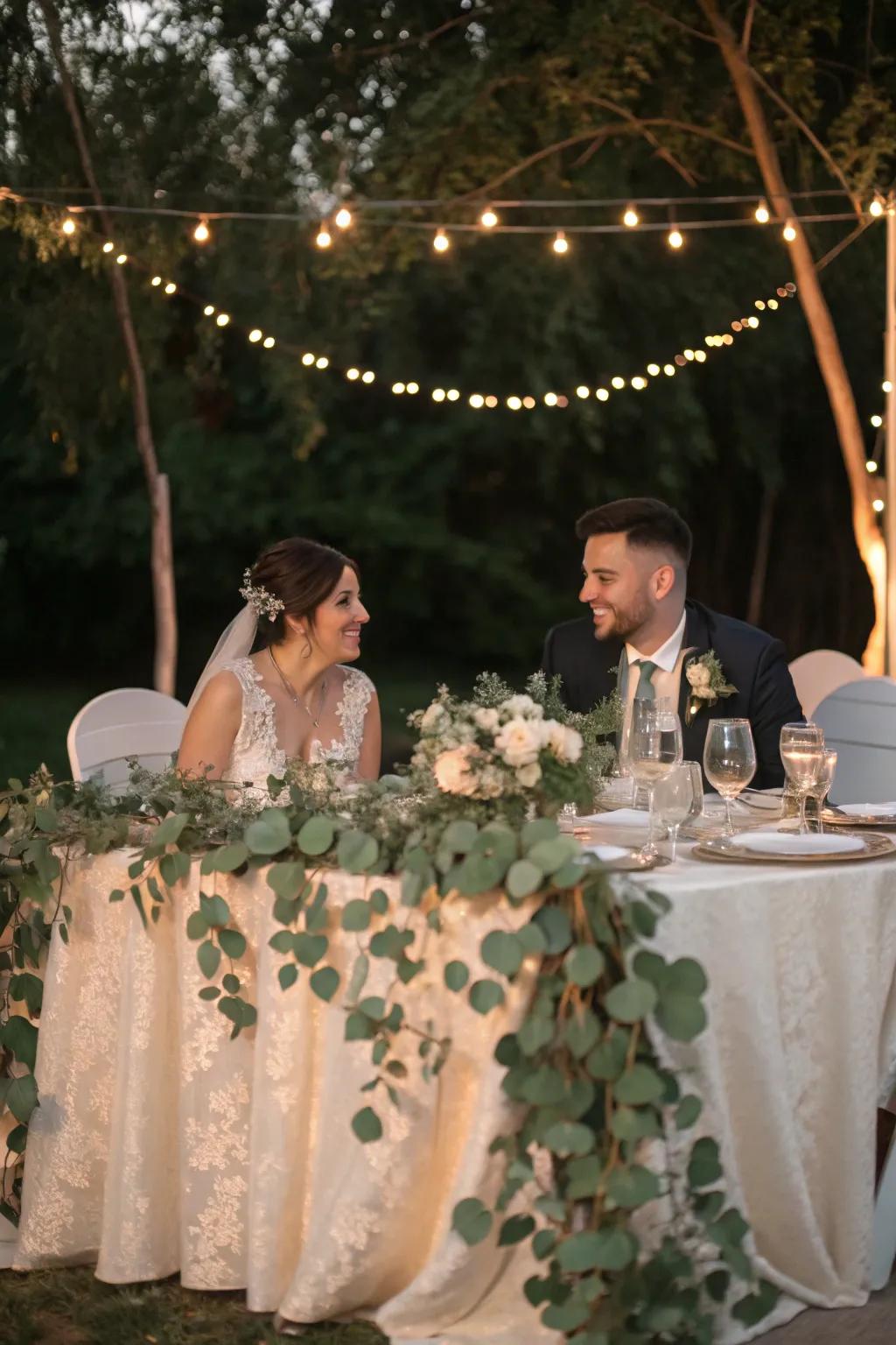 An image of the bride and groom's table adorned with fragrant branches accents.