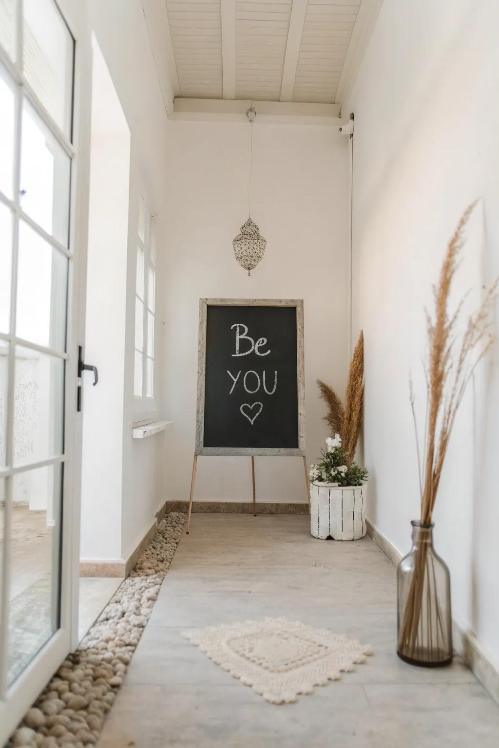 A minimalist room featuring the chalkboard quote 'Be you'.