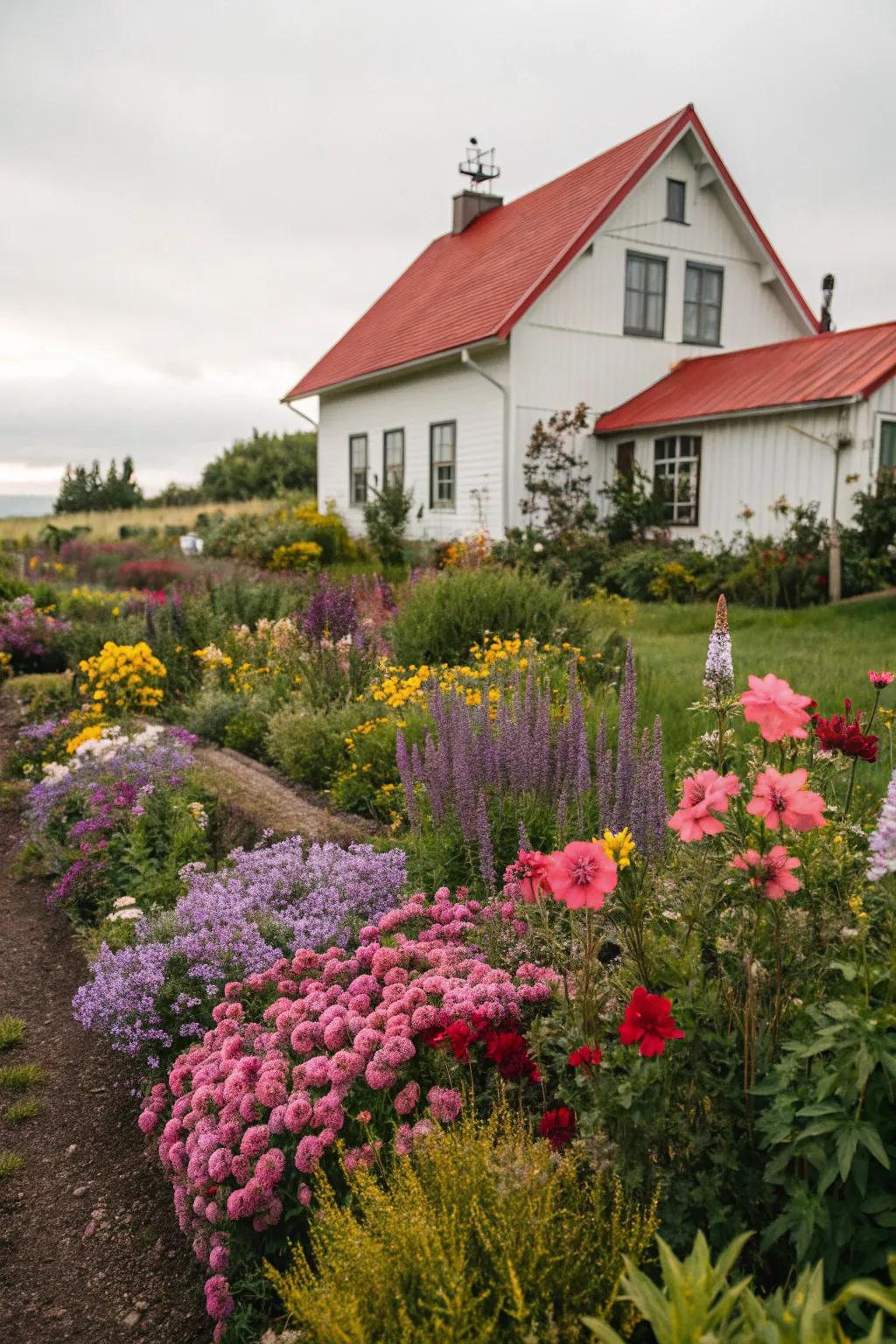 A romantic cottage garden overflowing with color and life.