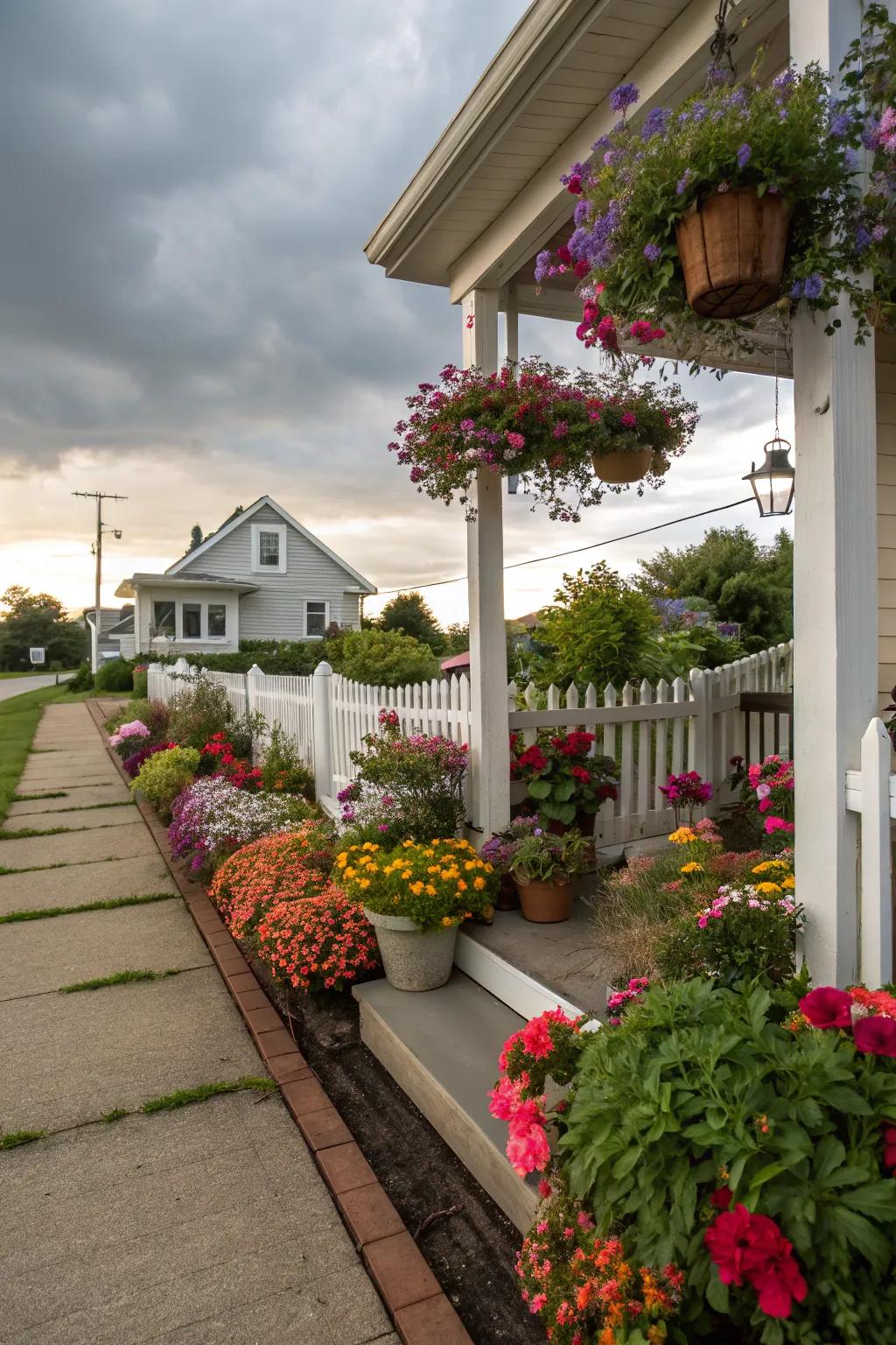 The integrated flower bed and deck create a harmonious and inviting entryway.