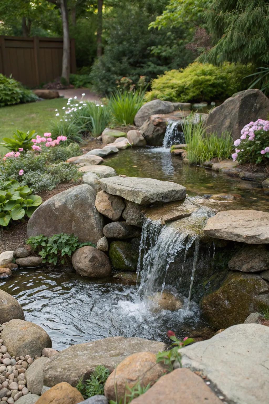 Water features enhance rock gardens with movement and sound.