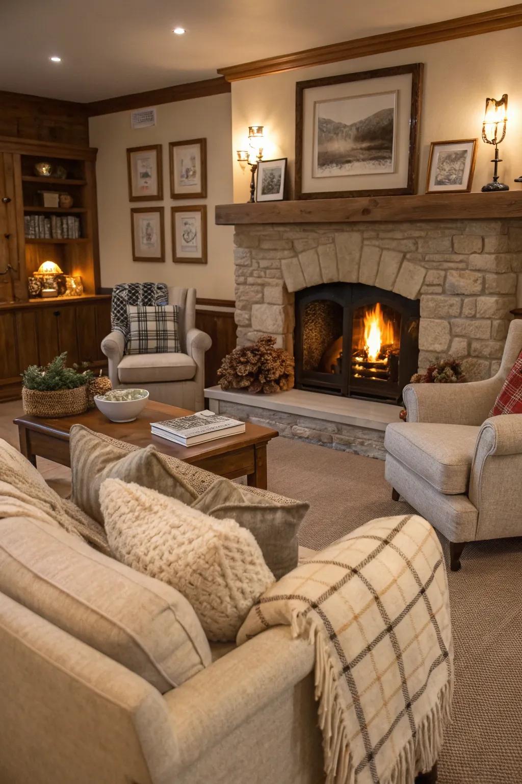 For comfortable gatherings, a layout centered around a fireplace.