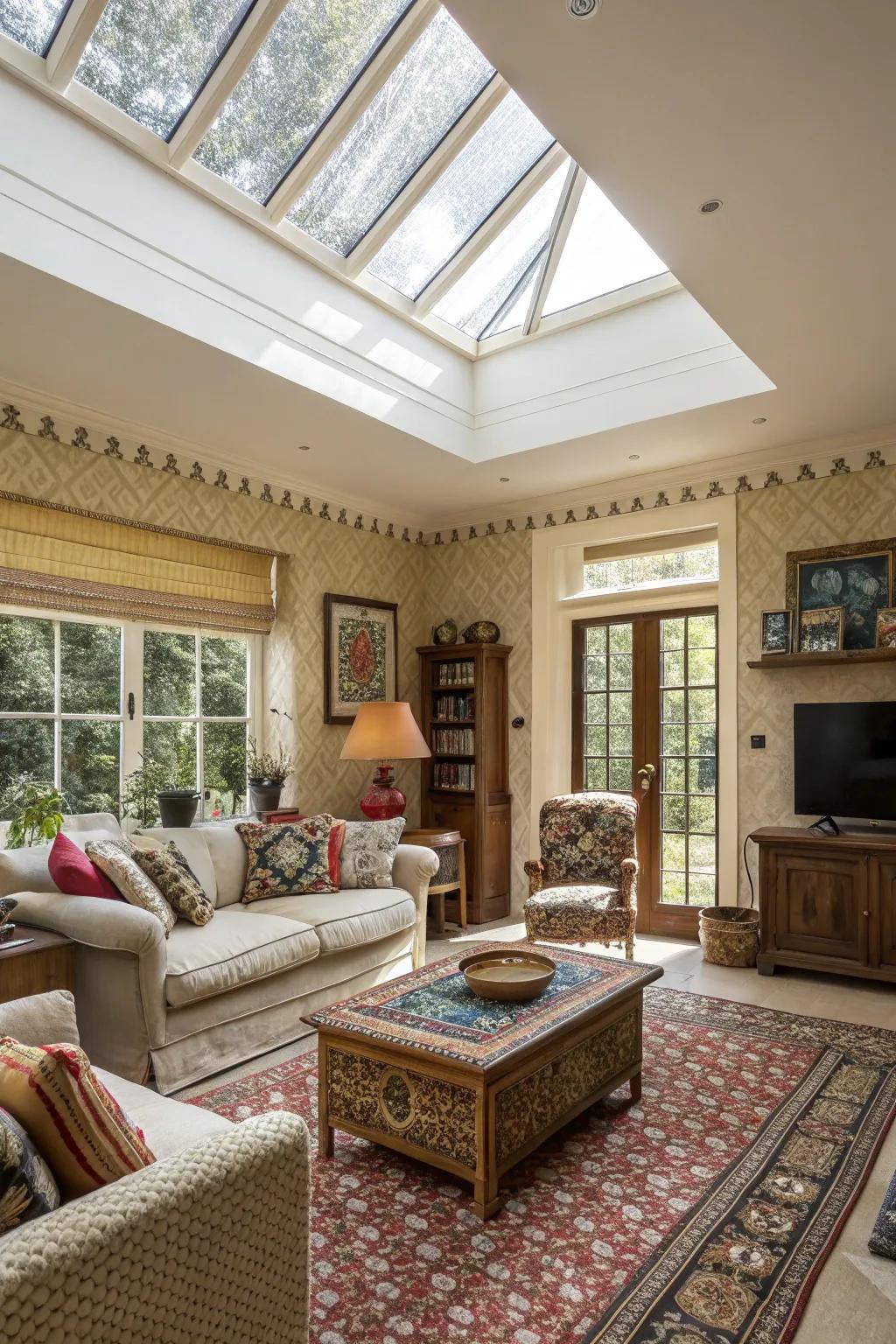 A living space using a skylight featuring layered trim types.