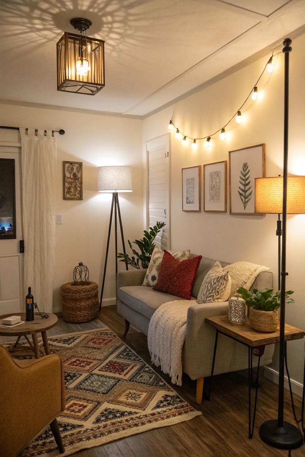 Layered lighting enhances both ambiance and utility in reduced spaces.