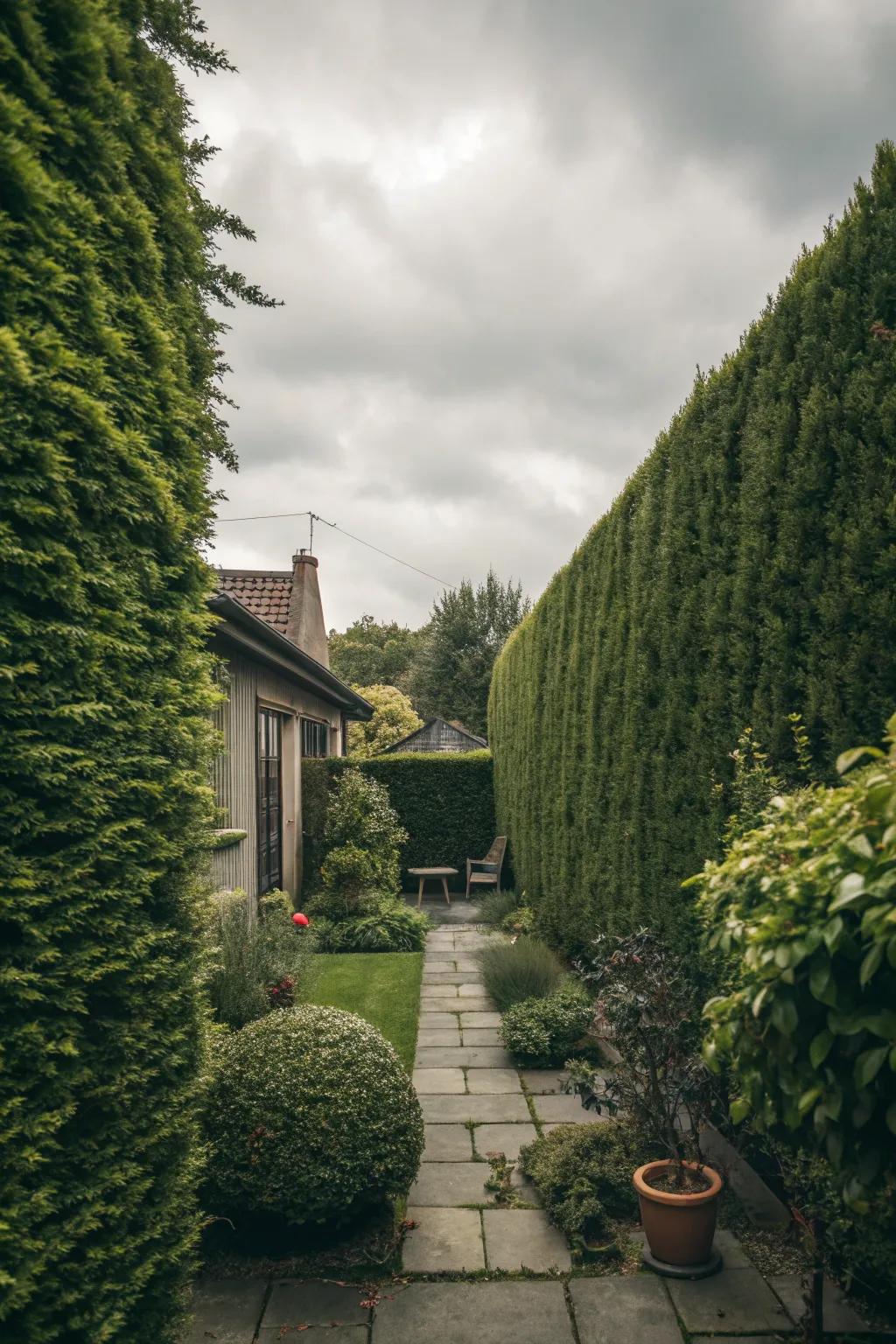 Privacy features such as hedges create a secluded and peaceful space.