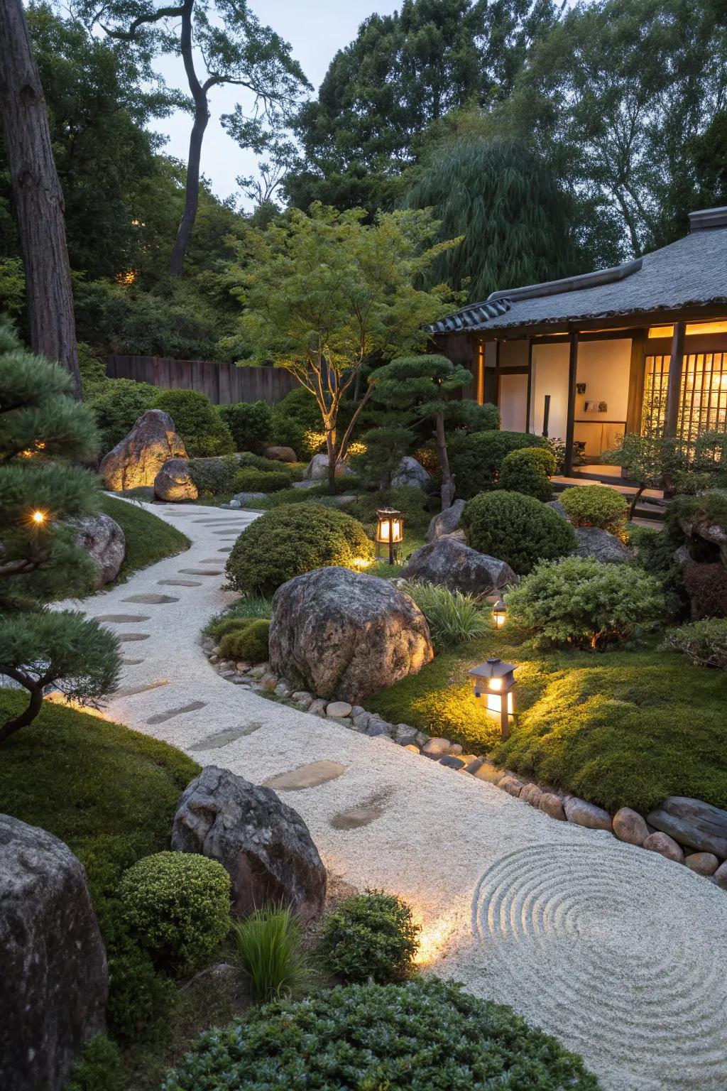A zen garden illuminated by gentle solar lighting, spotlighting flora and paths.