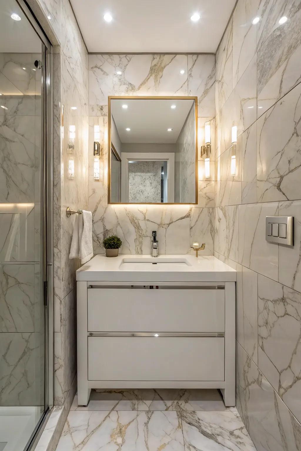 Marble-aesthetic tiles provide elegance at an affordable cost.
