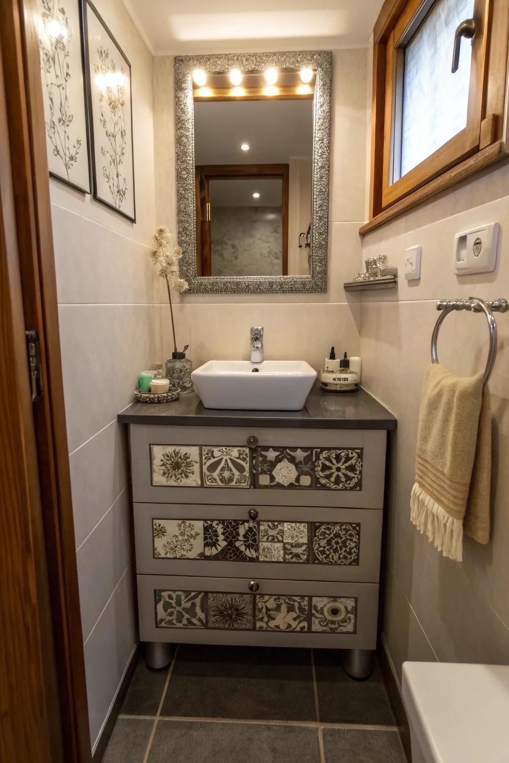 A customized vanity that mirrors individual style and creativity in a small restroom.