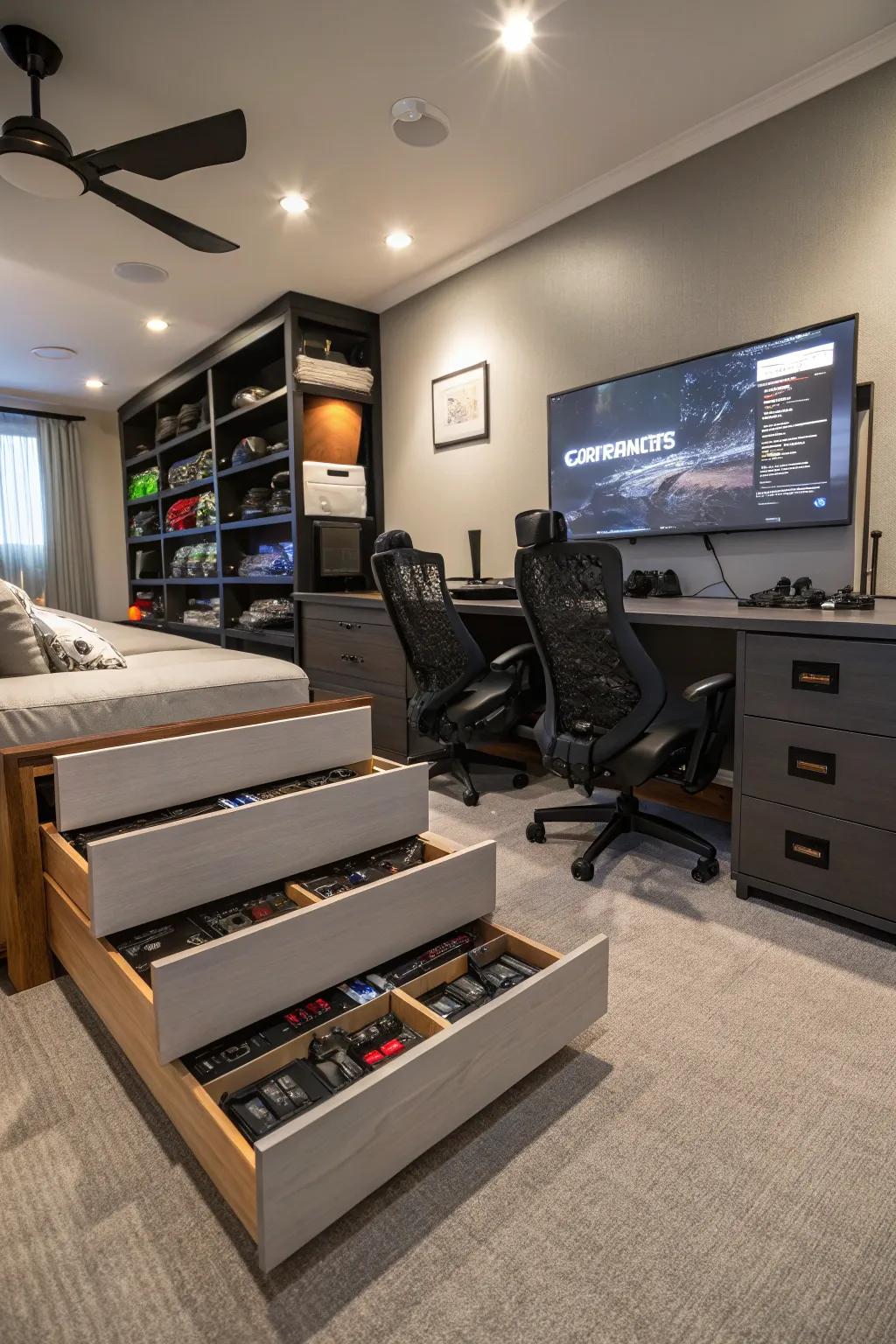 Smart storage will keep the gaming room organized and useful.