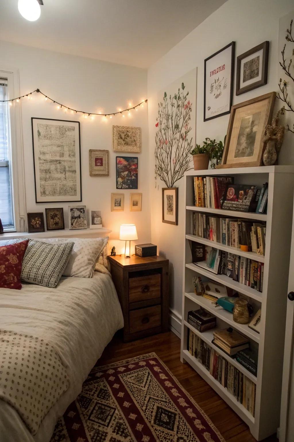 A compact bedroom decorated with books and artworks, adding personal flair.