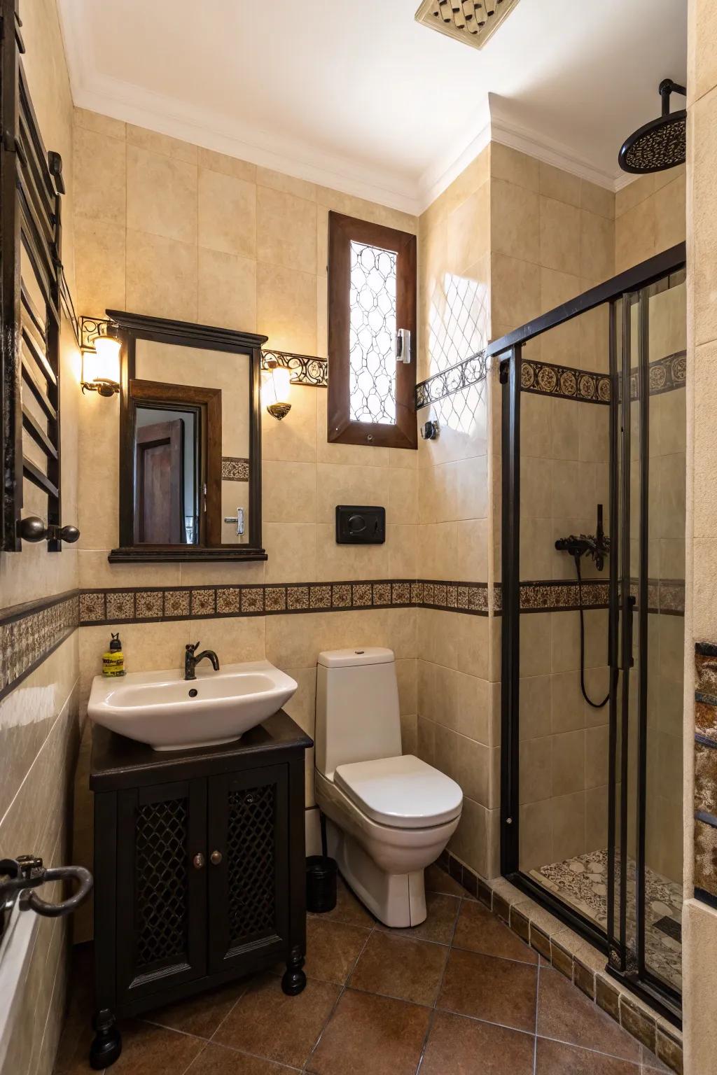A beige bathroom featuring striking dark accents.