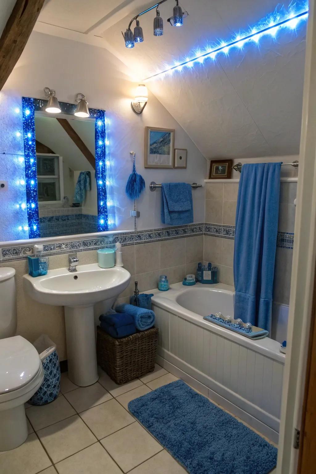 Blue lighting fixtures contribute to a harmonious and modern bathroom design.