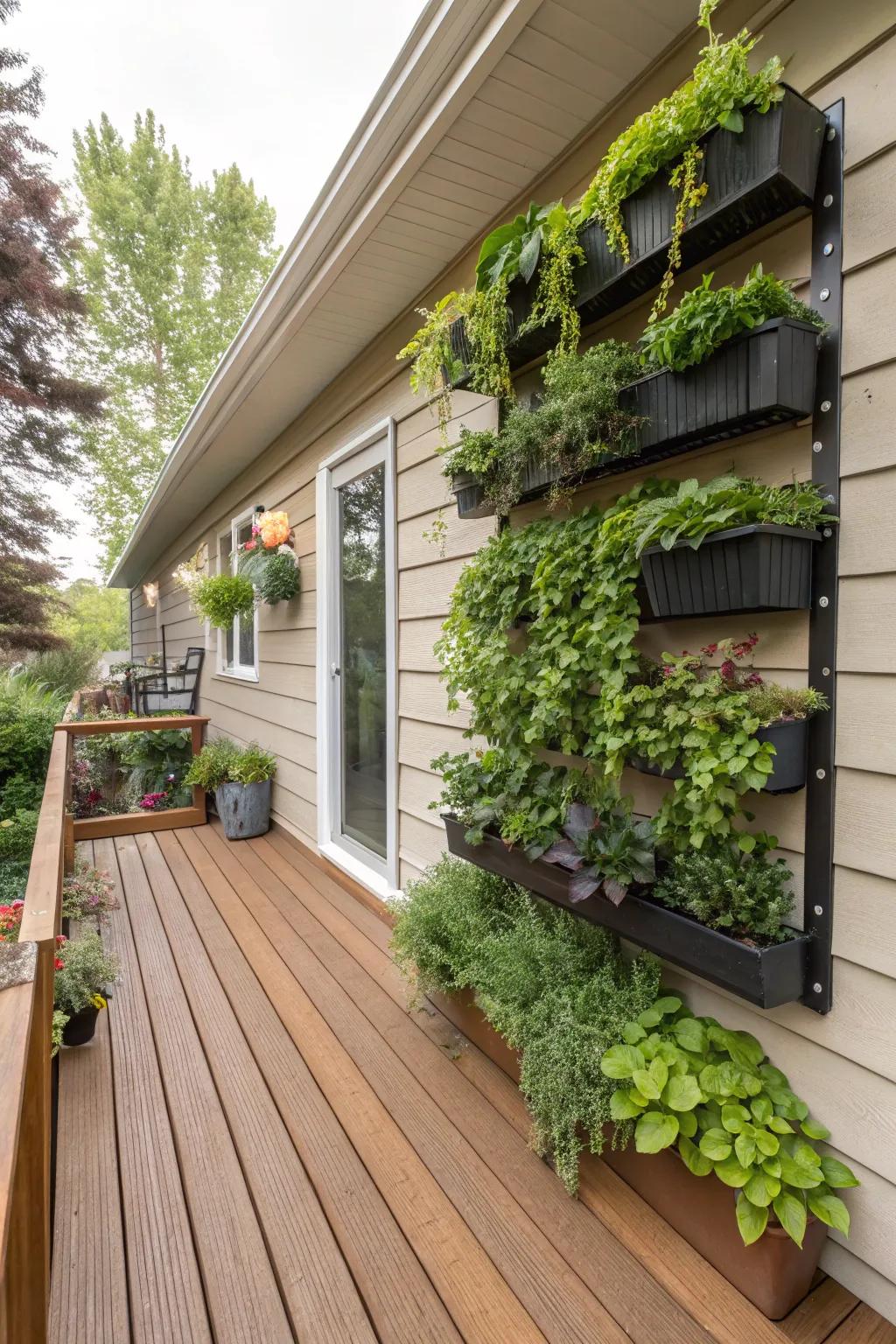 Wall-affixed planters amplify vertical area.