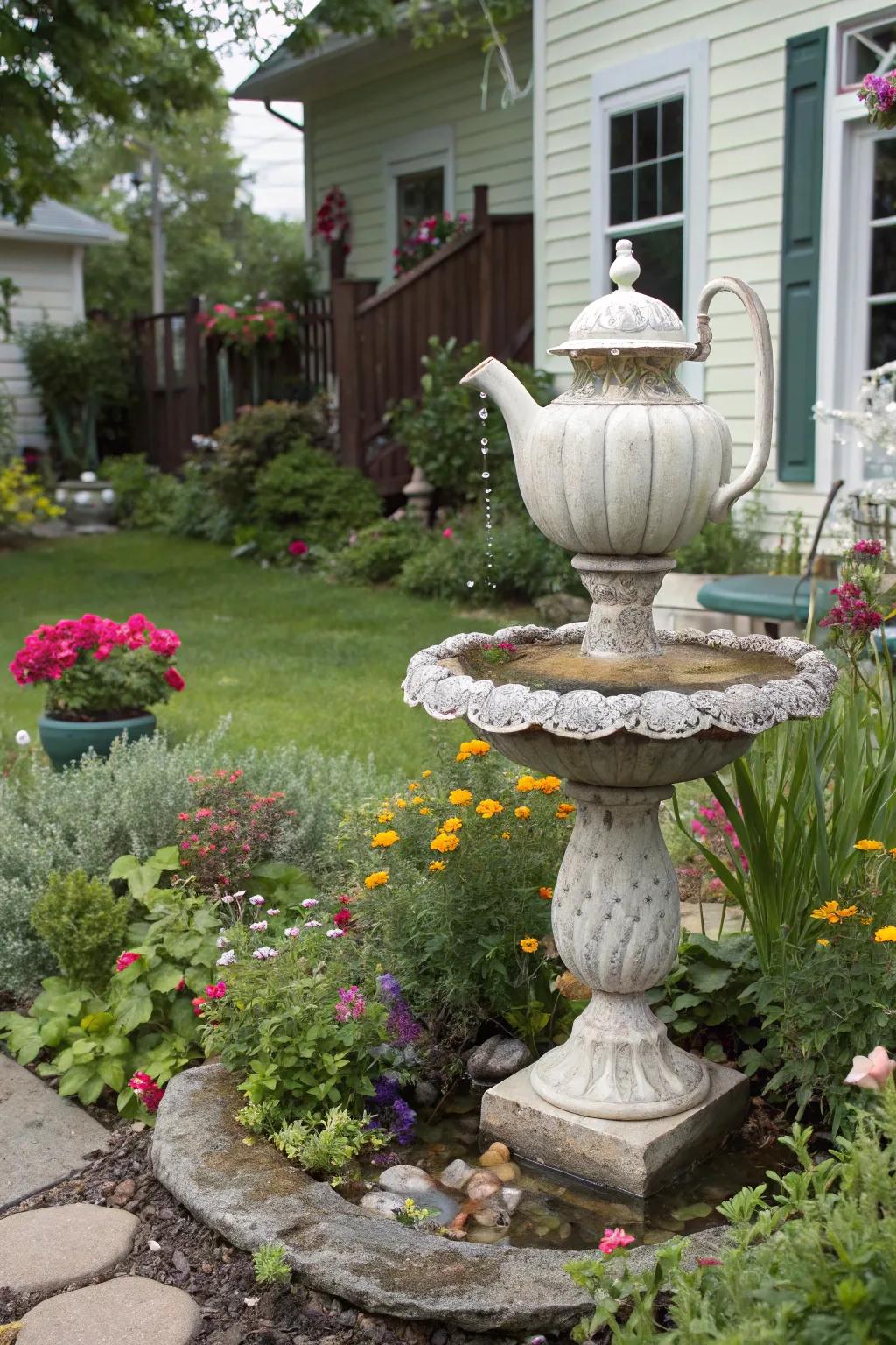 A vintage teapot water feature adds whimsical charm.