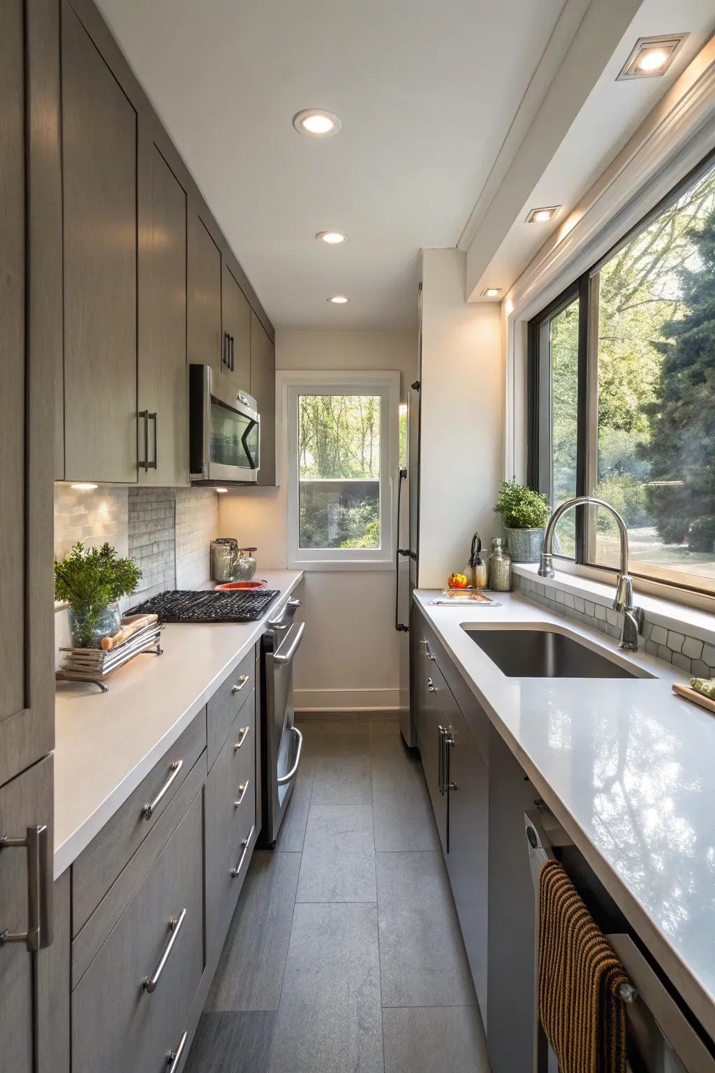 Extendable countertops deliver adaptable workspace options.