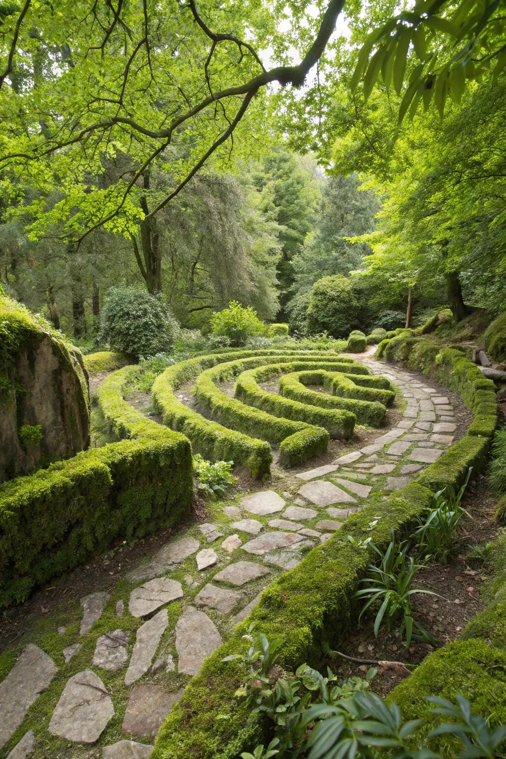 Moss-blanketed alleys providing a delicate, enchanting garden labyrinth adventure.