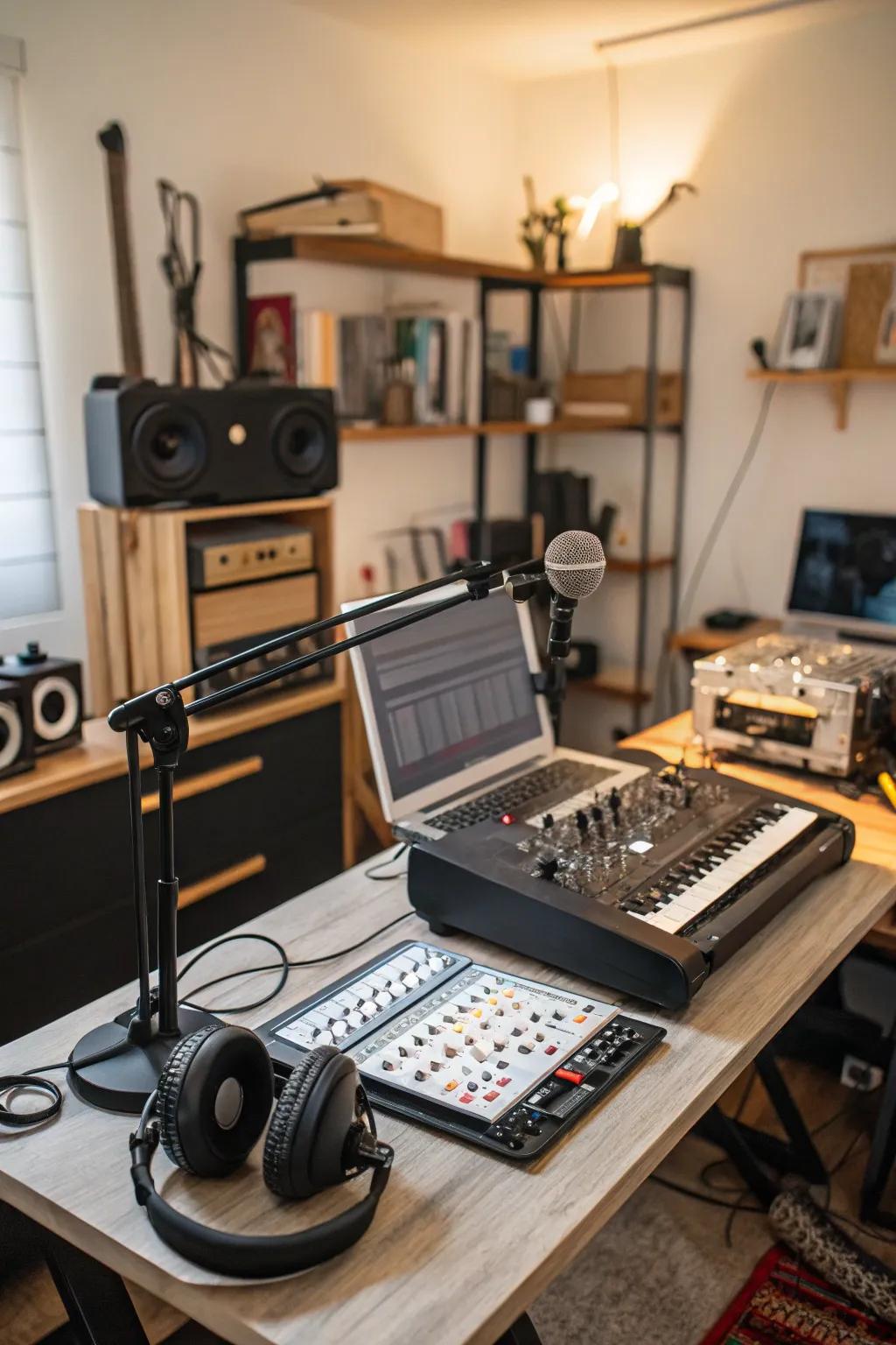 Portable recording gear keeps the studio adaptable and free from clutter.