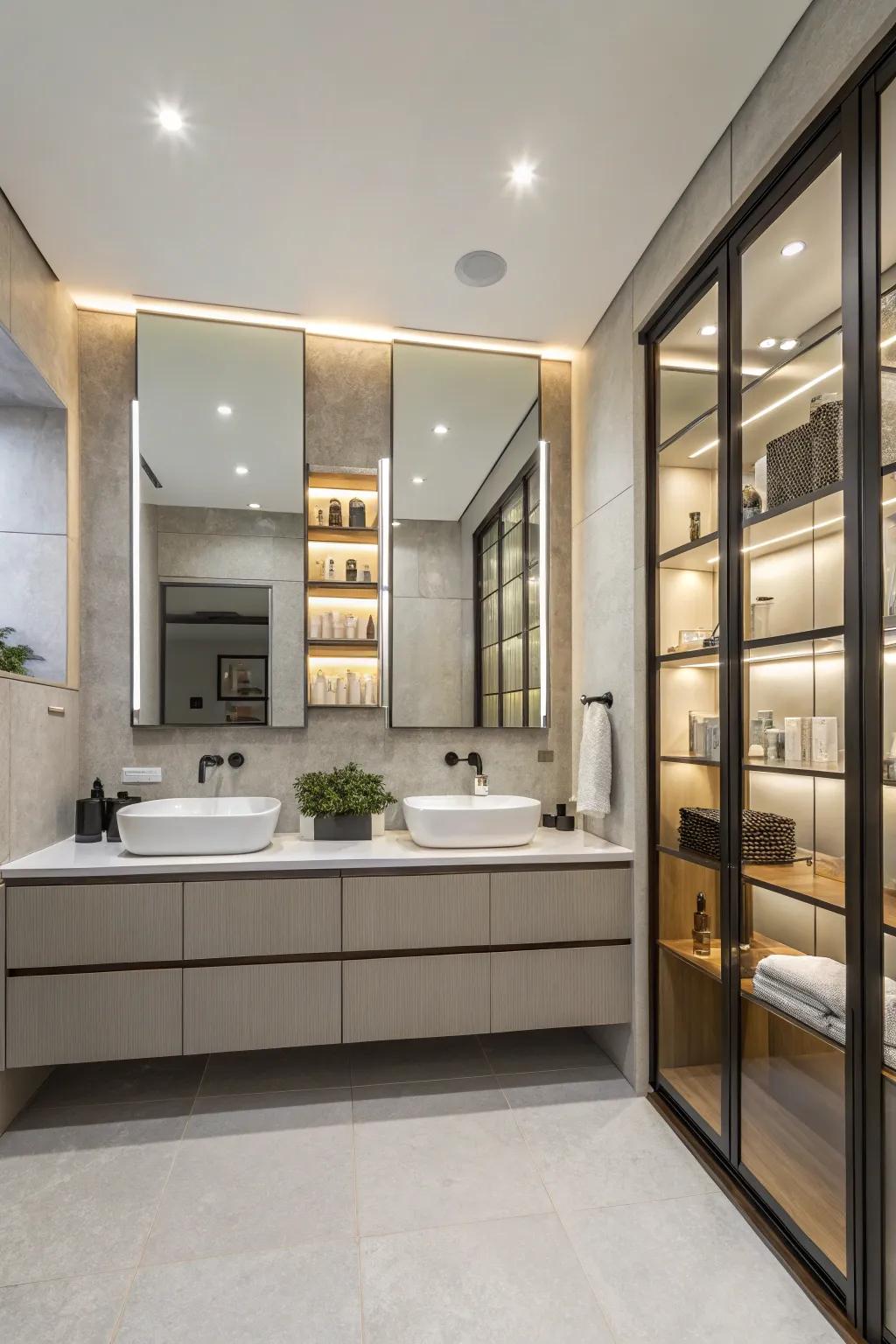 Smart organization maintains a neat and luxurious bathroom.