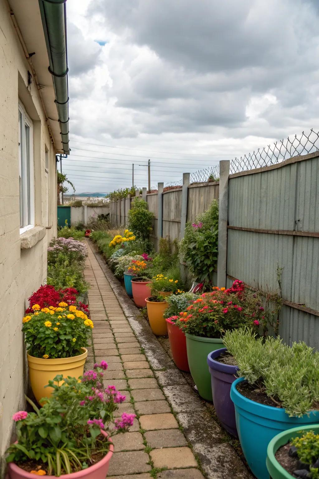 Vibrant planters add character to narrow side yards.