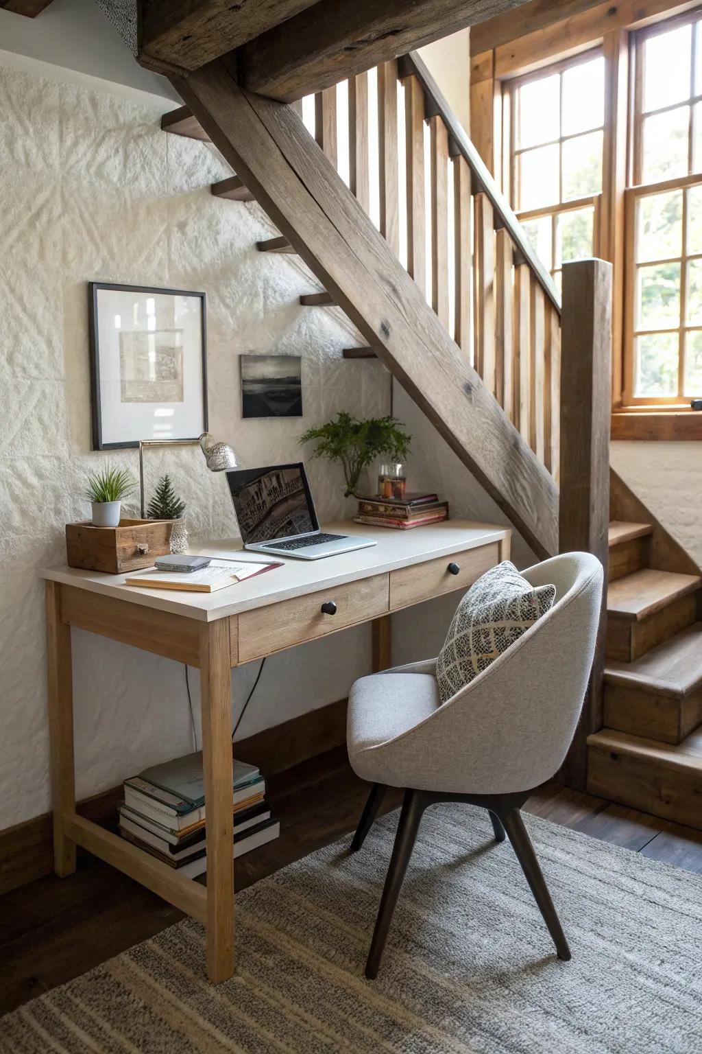 A cleverly used under-stair area transformed into an office.