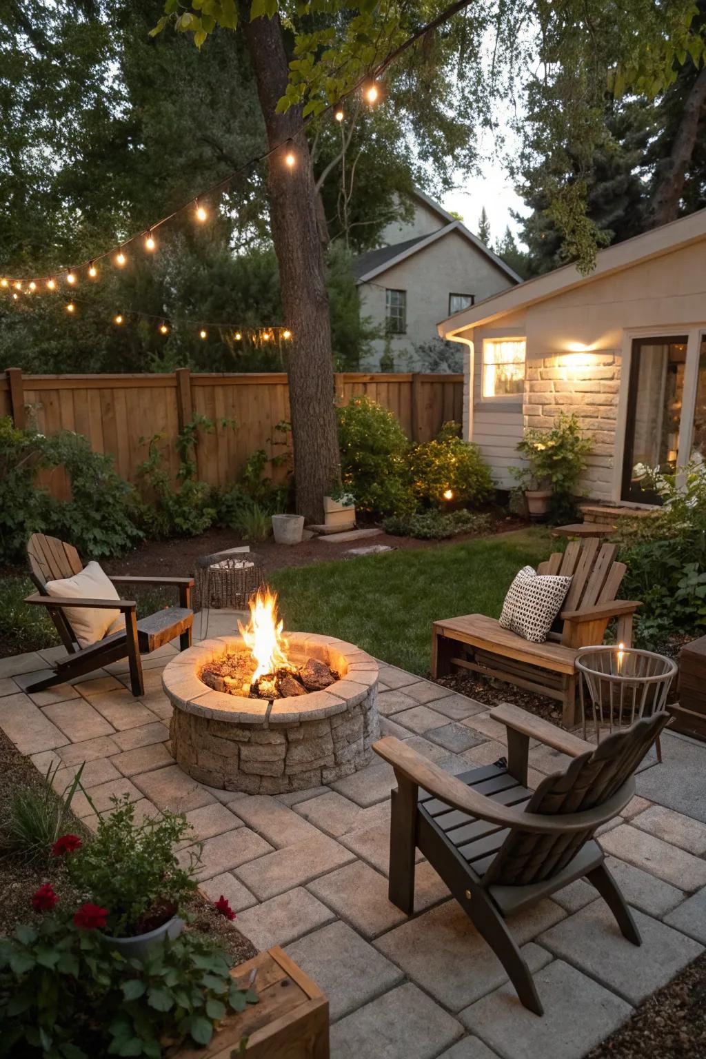A miniature fire pit establishes a warm and inviting gathering location.