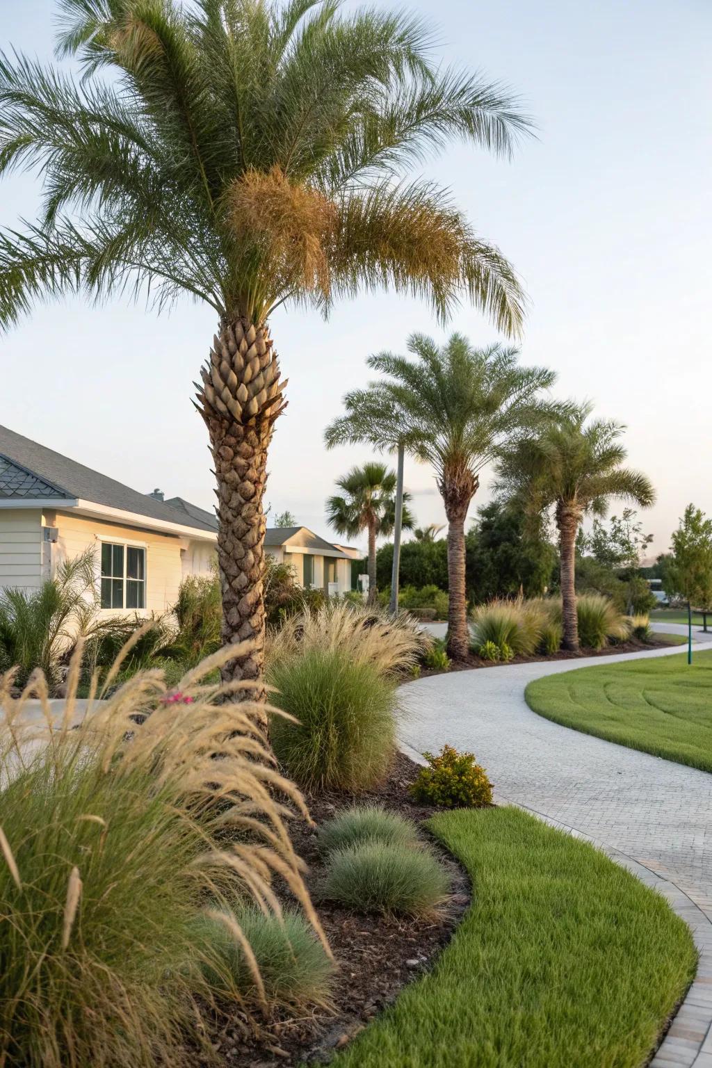 Decorative grasses provide texture and movement to complement palms.