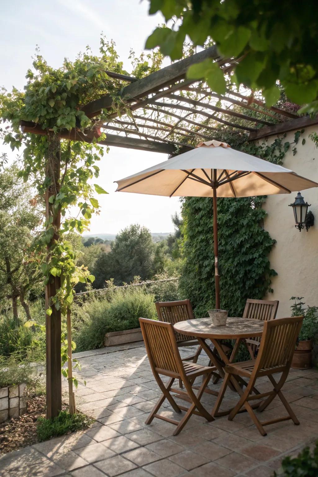 A small patio using clever shade solutions for design and comfort.