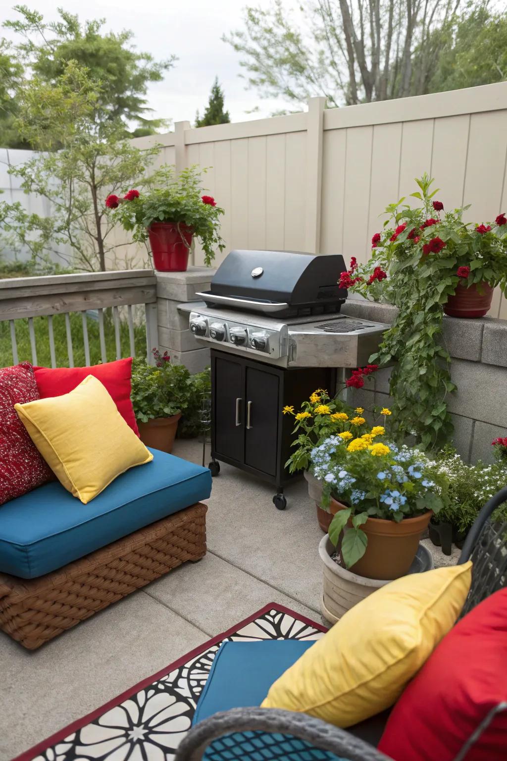 Colorful decorations make patios more inviting.
